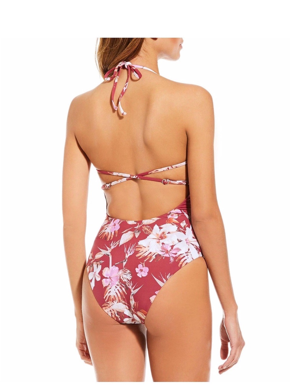 Gianni Bini GB  Floral One-Piece Swimsuit halter Burgundy - Picture 3 of 9